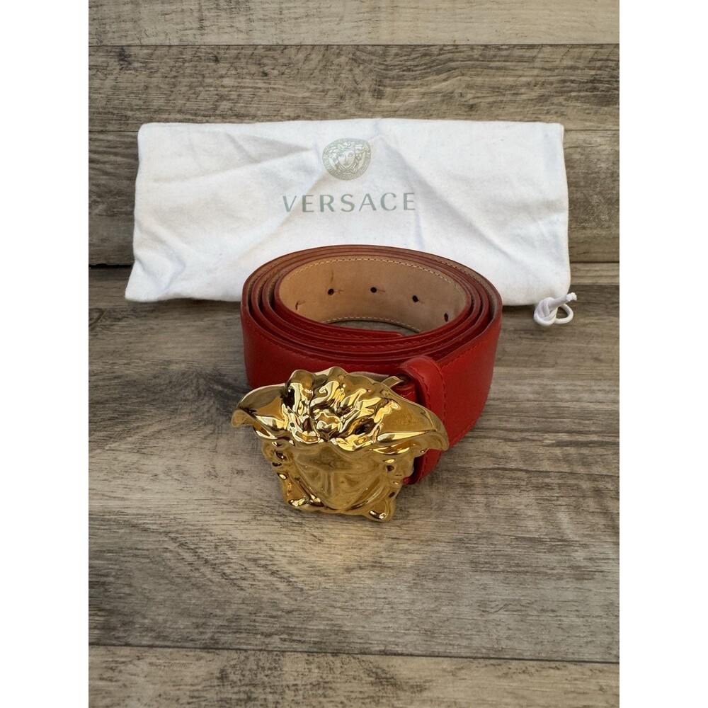 Versace Medusa Red Leather Belt Gold Buckle Size 46 Made in Italy w/ Dust Bag